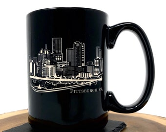 Pittsburgh Skyline, Point State Park Ceramic Coffee Mug, Etched, Free Personalization and Shipping