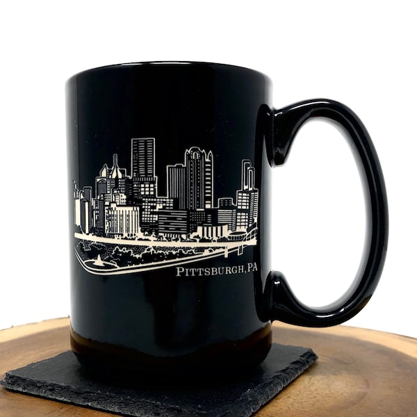 Pittsburgh Skyline, Point State Park Ceramic Coffee Mug, Etched, Free Personalization and Shipping