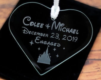 Disney Inspired Wedding or Engagement Etched Ornament or Suncatcher, Free Personalization and Shipping, Princess Castle, Engaged, Married