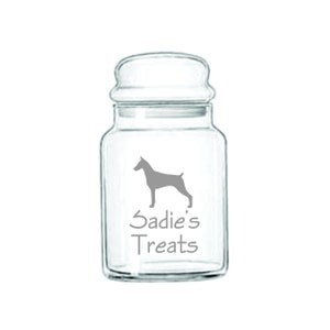 Doberman Dog Etched Glass Treat Jar, Free Personalization and Shipping