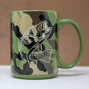 Fish Camo Etched Ceramic Coffee Mug, Free Personalization and Shipping, Fisherman, Fishing, Fathers Day Gift, Birthday Gift, Dad, Fisher