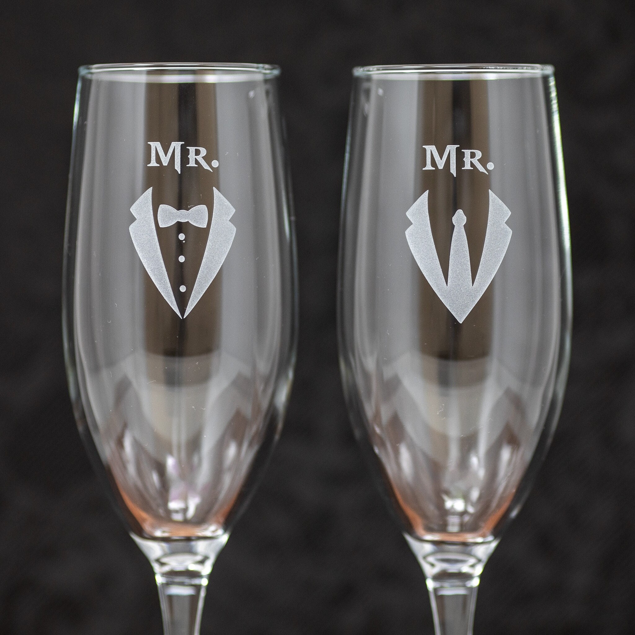 Mr & Mr, Groom and Groom, Champagne Toasting Flutes, Etched, Free Personalization and Shipping