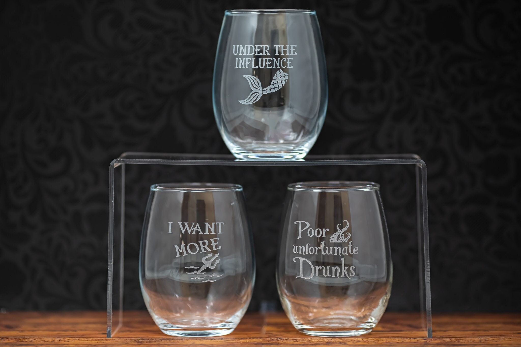 The Little Mermaid Inspired Etched Stemless Wine Glass, Under the Influence, Poor Unfortunate Drunks, I Want More, Free Shipping