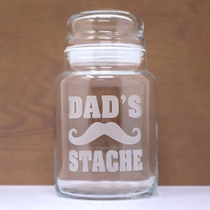 Dad&#39;s Stache Mustache Etched Treat Jar, Cookies, Christmas, Father&#39;s Day, Birthday, Gifts for Him, From Kids, Free Personalization Shipping