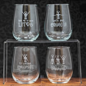 Funny Wine Opener Puns, Unwind, Take me to your Litre, Etched Stemless or Stemmed Wine Glass, Free Personalization & Shipping