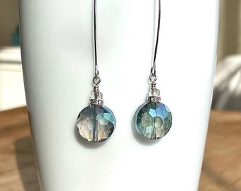 Iridescent Blue Grey Small Faceted Glass Circle Earrings. Long Drop Earrings. Elegant earrings. Holiday jewelry. Sparkle Earrings.