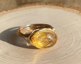 Citrine Stone Ring with Wire Wrapped Gold Tone Band. Wire Wrapped Ring. Gemstone Jewelry. Natural Gemstone Ring. Healing Crystal Ring.