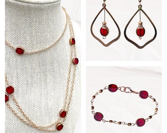 Red Table Cut Glass Jewelry Set in Gold Tone. Wrap Necklace. Beaded Bracelet. Dangle Earrings. Red Jewelry Set. Gift Set.