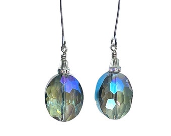 Iridescent Blue Grey Oval Faceted Glass Earrings. Long Drop Earrings. Elegant earrings. Holiday jewelry. Sparkle Earrings.