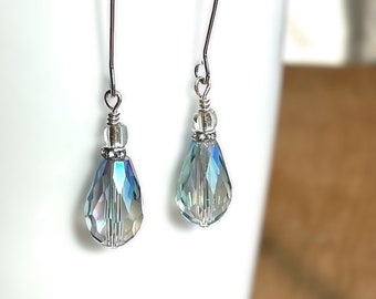 Blue Grey Teardrop Glass Earrings in Silver. Drop earrings. Simple earrings. Long drop earrings. Dangle earrings. Sparkle earrings.