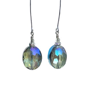 Iridescent Blue Grey Oval Faceted Glass Earrings. Long Drop Earrings. Elegant earrings. Holiday jewelry. Sparkle Earrings.