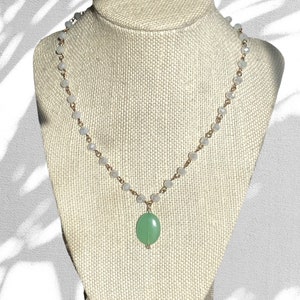 Green Quartzite Stone Necklace with White Beaded Chain. Beaded necklace. Pendant necklace. White necklace. Green stone necklace. image 2