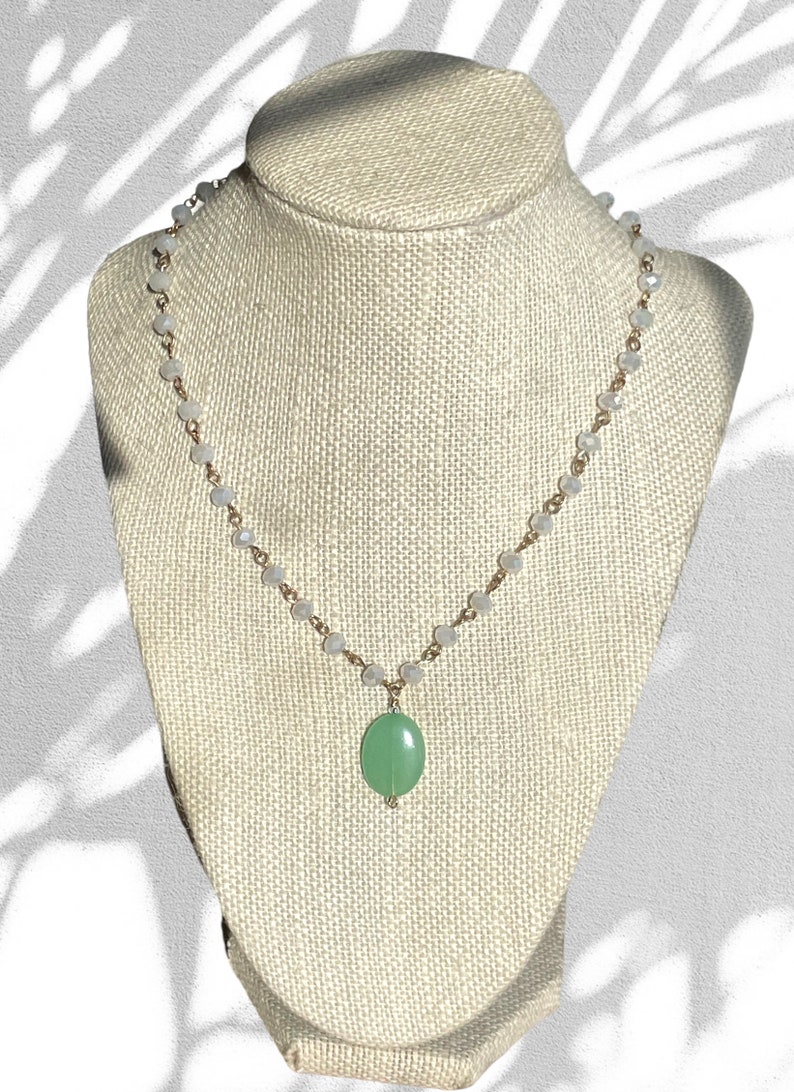 Green Quartzite Stone Necklace with White Beaded Chain. Beaded necklace. Pendant necklace. White necklace. Green stone necklace. image 2