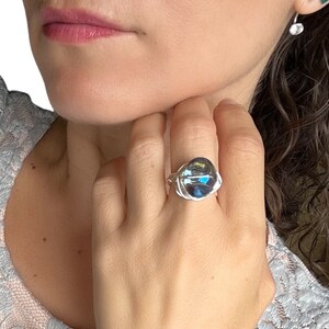 Gray Blue Illumination Glass Ring with Wire Wrapped Silver Band. Statement ring. Wire wrapped ring. Jewelry gift. Silver ring.