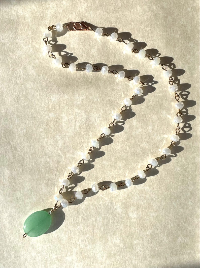 Green Quartzite Stone Necklace with White Beaded Chain. Beaded necklace. Pendant necklace. White necklace. Green stone necklace. image 4