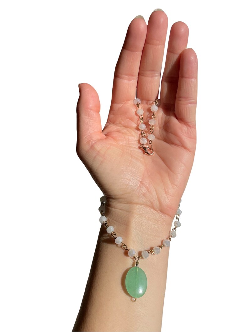 Green Quartzite Stone Necklace with White Beaded Chain. Beaded necklace. Pendant necklace. White necklace. Green stone necklace. image 3