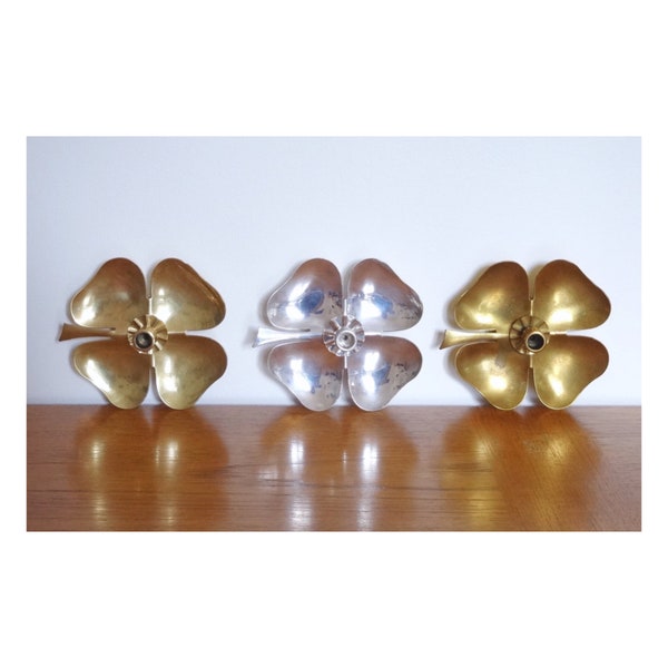 Vintage Shamrock / Four Leaf Clover Candleholders - 1 Silver-plated by Ernst Dragsted and 2 Brass - Made in Denmark - 3 Available