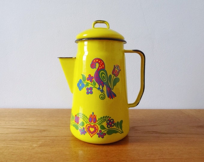 RESERVED for M Cinsa Yellow Enamelware Coffee Pot Peacock Etsy