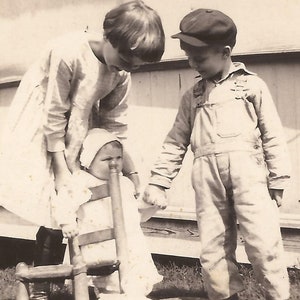 Two Siblings Helping Their Baby Sister, Vintage Photograph, Vernacular Snapshot, Three Little Children in Period Clothing, Siblings, Baby