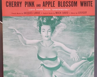 Cherry Pink and Apple Blossom White, Vintage Sheet Music, Howard Hughes Movie "Underwater" Jane Russell Image, Musical Movie Home Décor