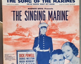 The Song of the Marines, Vintage Sheet Music, "The Singing Marine" Musical Movie, Military War Movie, War Ship Cover Art, Patriotic Music