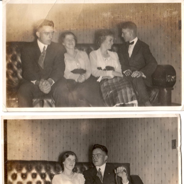 Haunting Sepia Colored Photos of a Cute Couple and Four People on Large Leather Couch, Man with Cane, Vintage Photograph, Vernacular Images