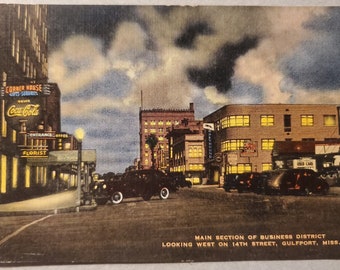Gulfport Mississippi, Main Street, Business District, Vintage Color Illustrated Postcard, Travel Souvenir, Vacation Memento