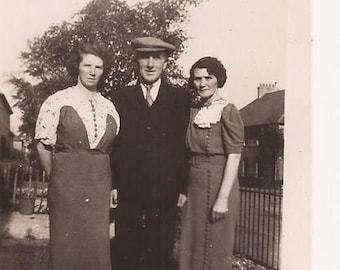 1930's Trio, Man with New Cap, Vintage Photograph, Black and White Snapshot, Man and Two Women in 1930s Fashion, Formal Dress, Shadow