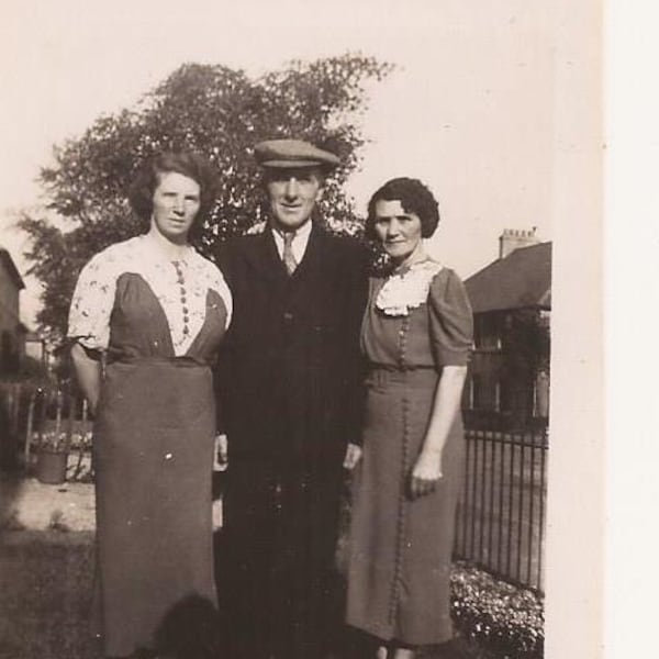 1930's Trio, Man with New Cap, Vintage Photograph, Black and White Snapshot, Man and Two Women in 1930s Fashion, Formal Dress, Shadow