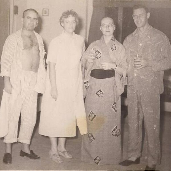 Casual Friday at the Office, Pajama Party at Home, Vintage Photograph, Black and White Photo, Vernacular Photo, Bathrooms, Kimonos