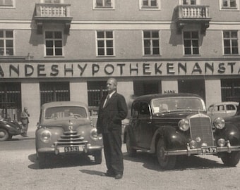 National Mortgage Institute in Germany, Large Vintage Cars, Vintage Photograph, Black and White Photo, Vernacular Image, Man Outside Bank