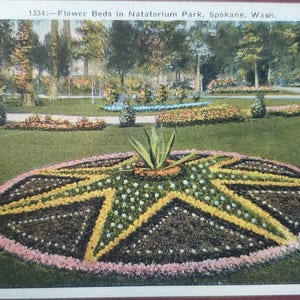 Natatorium Park, Spokane Washington, canteiros de flores, cartão postal ilustrado em cores vintage, lembrança de viagem, lembrança de férias