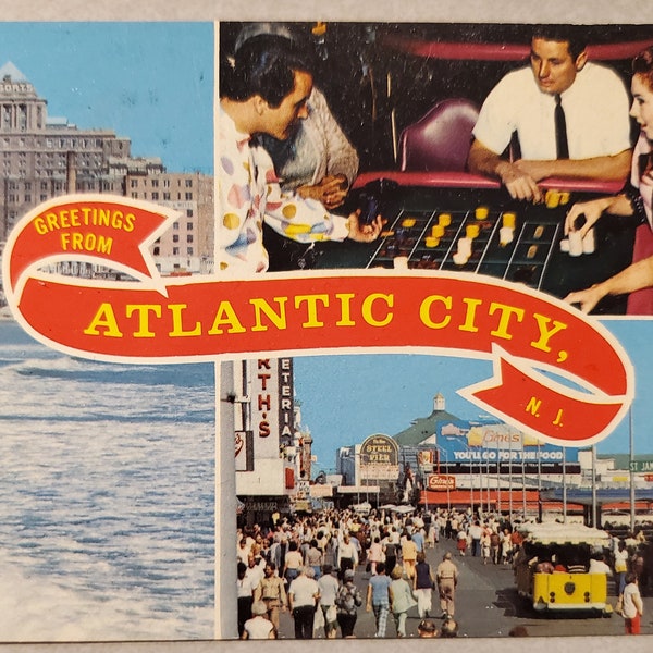 Atlantic City, Greetings From Vintage Color Photo Postcard, Travel Souvenir, Vacation Correspondence, Beach, Boardwalk, Casinos