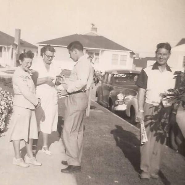 Odd Man Photo Bomb, Vintage Photograph, Black and White Photo, Snapshot, Group of People, Funny Photo, Street Scene, Suburbia, Vintage Cars