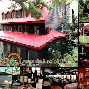 Conjunto de cinco cartões postais com fotos coloridas, Auberge de Lac Montency, cartões postais vintage do Quebec Canada Mountain Resort