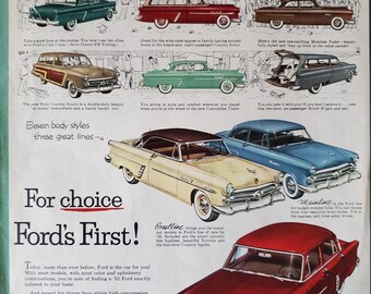 Autos Ford, camionetas familiares, anuncio original de revista, anuncio vintage, efímeras de papel, decoración para el hogar, listo para enmarcar