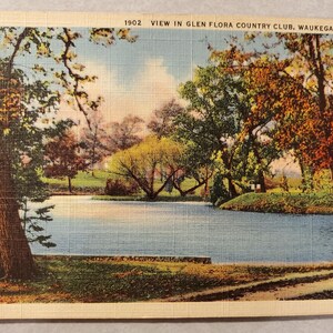 Glen Flora Country Club, Waukegan, Illinois, carte postale vintage illustrée en couleur de vue sur le lac, jamais utilisée ou timbrée