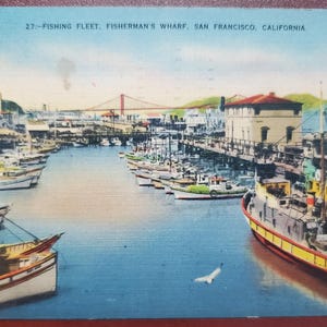 Muelle de pescadores, San Francisco, California, flota pesquera, postal vintage ilustrada en color, matasellos de 1944, mensaje para papá