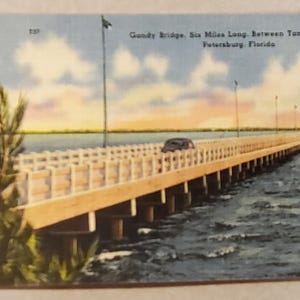 Puente Gandy, puente de seis millas de largo que cruza la bahía de Tampa, San Petersburgo, Tampa, Florida, postal vintage ilustrada en color