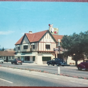 Andersen's Valley Inn, Buellton, Californie, carte postale publicitaire vintage avec photo couleur, cachet de la poste 1954, soupe aux pois Andersen's Inn