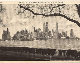 Skyline from Governor&#39;s Island, New York, Vintage Postcard, Black and White Image of New York Skyline, Postmarked 1942, Haunting Photo