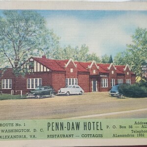 Hotel Penn-Daw, Alexandria, Virginia, postal vintage con ilustraciones en color, viajes de vacaciones, posada de carretera, restaurante, cabañas, ruta 1 de EE. UU.