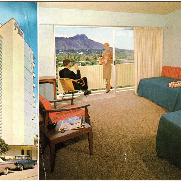 Sea Shore Hotel, Waikiki, Honolulu, Hawaii, Vintage Postkarte, Reise Souvenir, Urlaubs-Memento, Studio und Zwei-Zimmer-Hotel, Jetzt Wohnungen