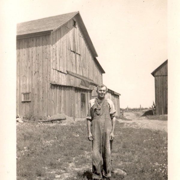 Papa the Farmer, Vintage Sepia Colored Photograph, Vernacular Image, Original Photo, Man in Overalls on a Large Farm with Barns
