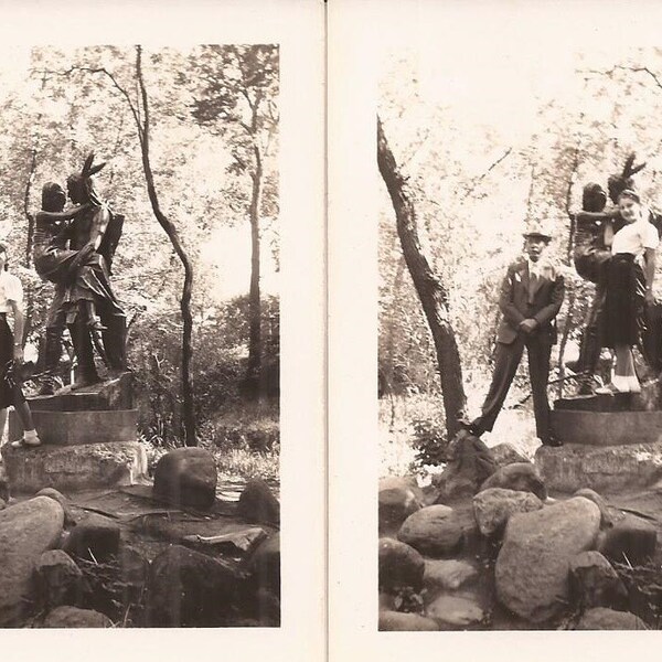 Indian Brave and His Maiden, Vintage Photograph, Set of Two :Photos, Sepia Colored, Aged Photos, Vernacular Snapshots, Bronze Statue