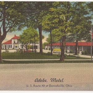 Adobe Motel, Dannelsville, Ohio, Vintage Postcard, Linen Postcard, Vacation Travel, Adobe Style Building, Hotel Motel Promo