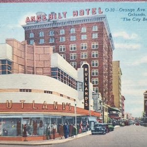 Orange Avenue, Orlando, Florida, Angebilt Hotel, Historic Hotel Architecture, Vintage Color Illustrated Postcard, 1954 Postmark