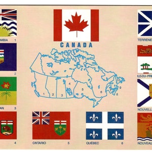 Cartão postal da bandeira canadense, cartão postal vintage, mapa do Canadá com todas as bandeiras oficiais de cada província, cartão postal colorido grande
