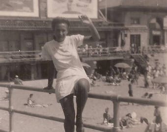 Cutie at the Beach, Vintage Photograph, Black and White Photo, Snapshot, Vernacular Photography, Woman at the Boardwalk, Posing for Fun