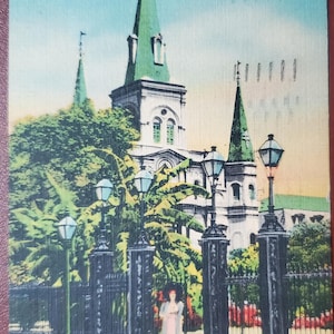 Cathédrale Saint-Louis Jackson Square, La Nouvelle-Orléans, carte postale illustrée en couleur vintage, cachet de la poste 1945, message au dos